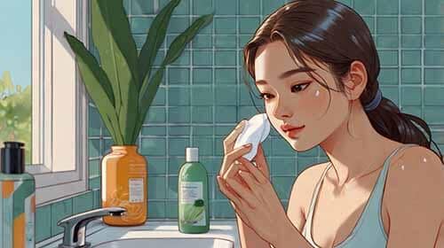 욕실에서 피부를 관리하는 여자의 모습