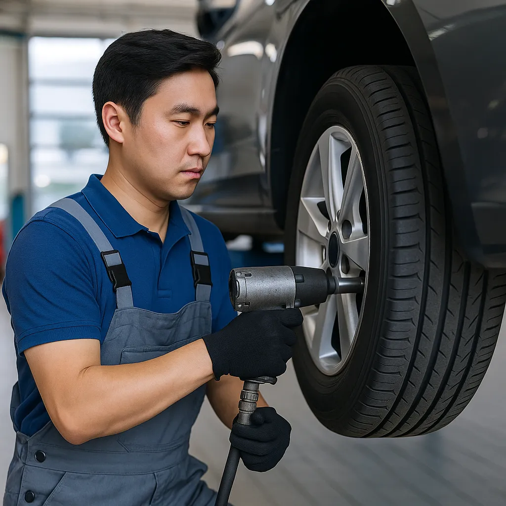 자동차 정비소에서 정비사가 타이어를 교체하는 장면