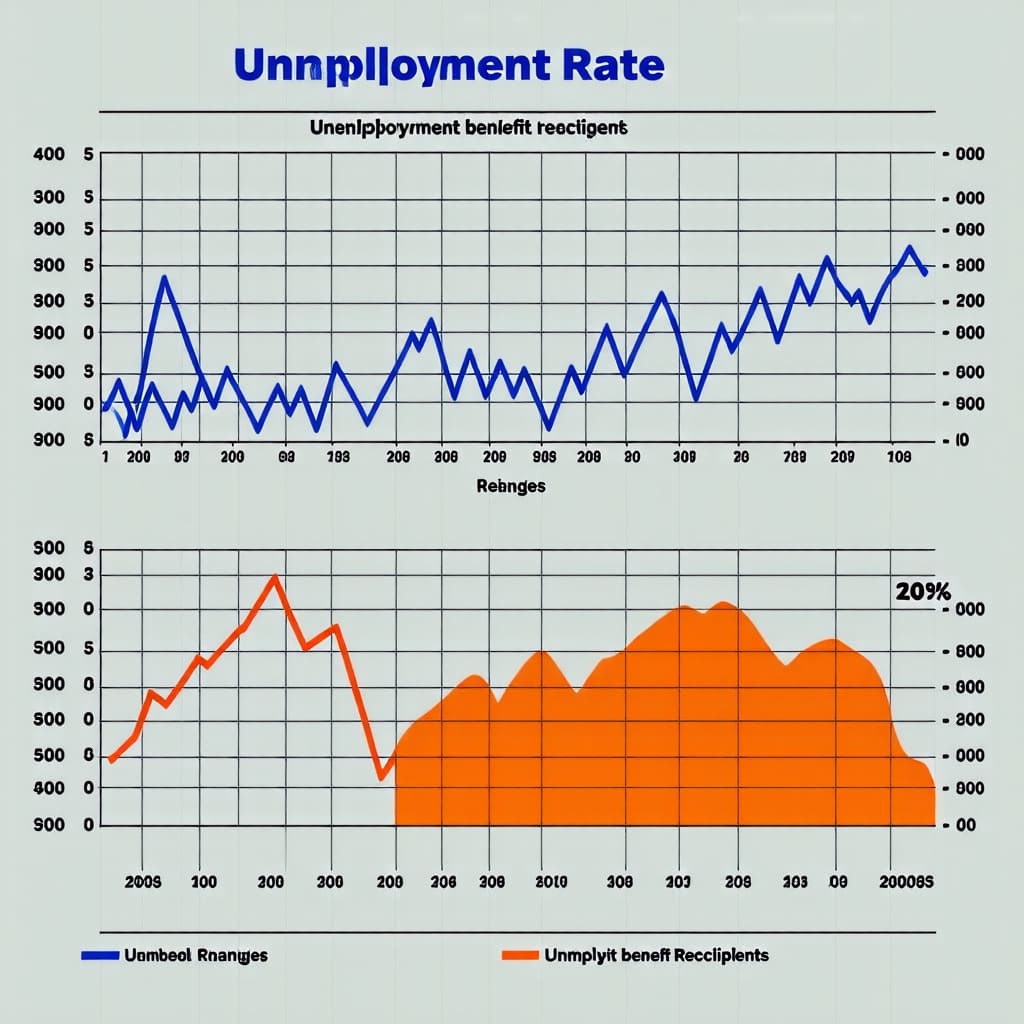 실업률 변화와 실업급여 수혜자 수를 비교한 그래프.