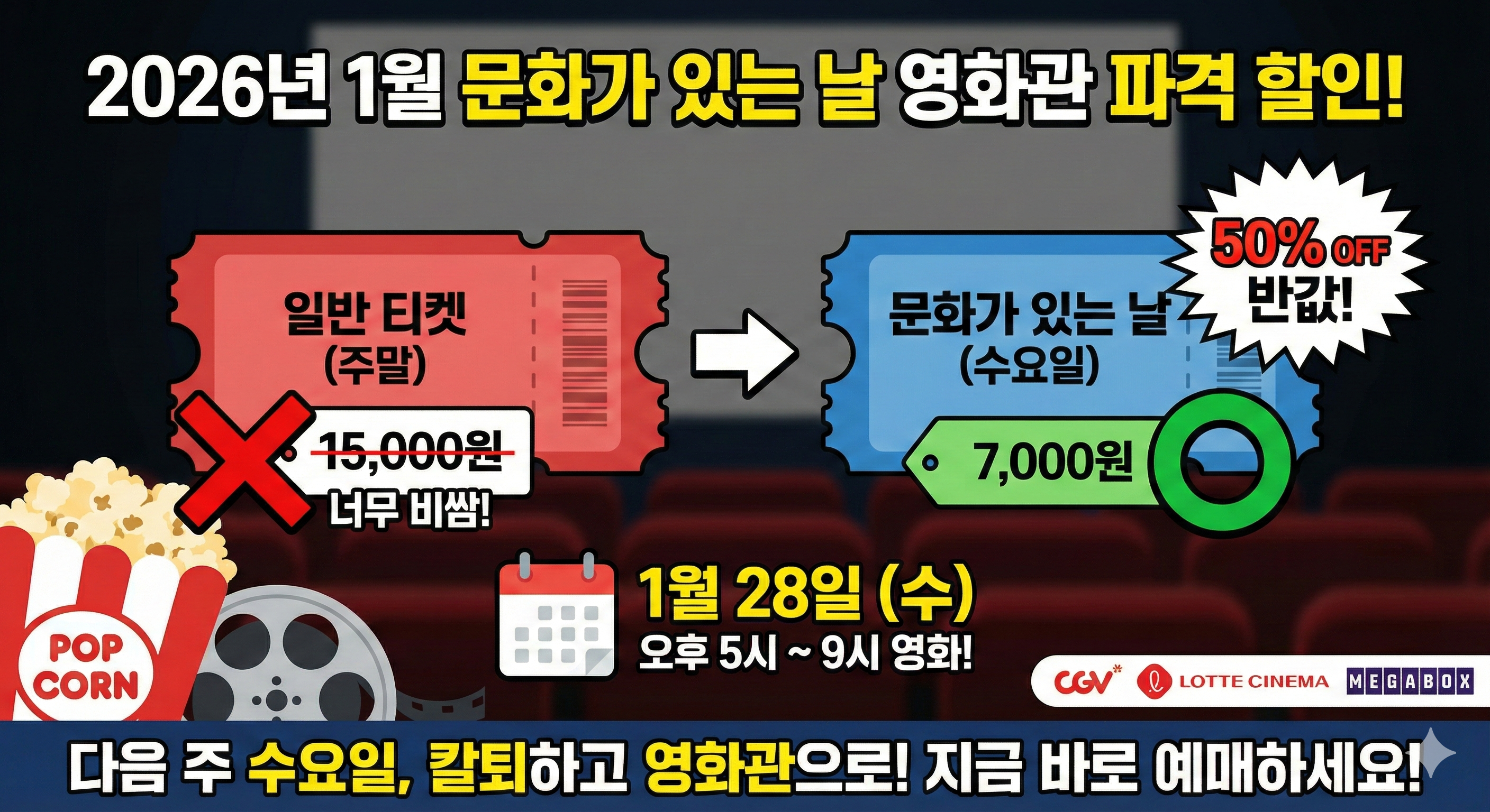 2026년 1월 문화가 있는 날 영화관 티켓 가격 비교 (일반 15,000원 vs 문화가 있는 날 7,000원 반값 할인, 1월 28일 수요일 오후 5시~9시 예매 꿀팁)