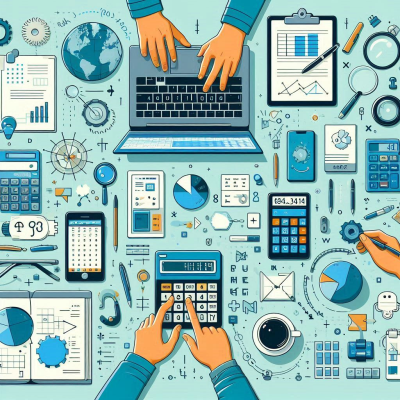 다양한 비즈니스 도구와 그래프, 데이터 분석 아이콘이 그려진 일러스트