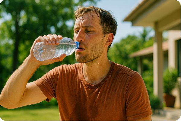 땀 흘린 후 물을 마시는 지친 남성의 여름 장면