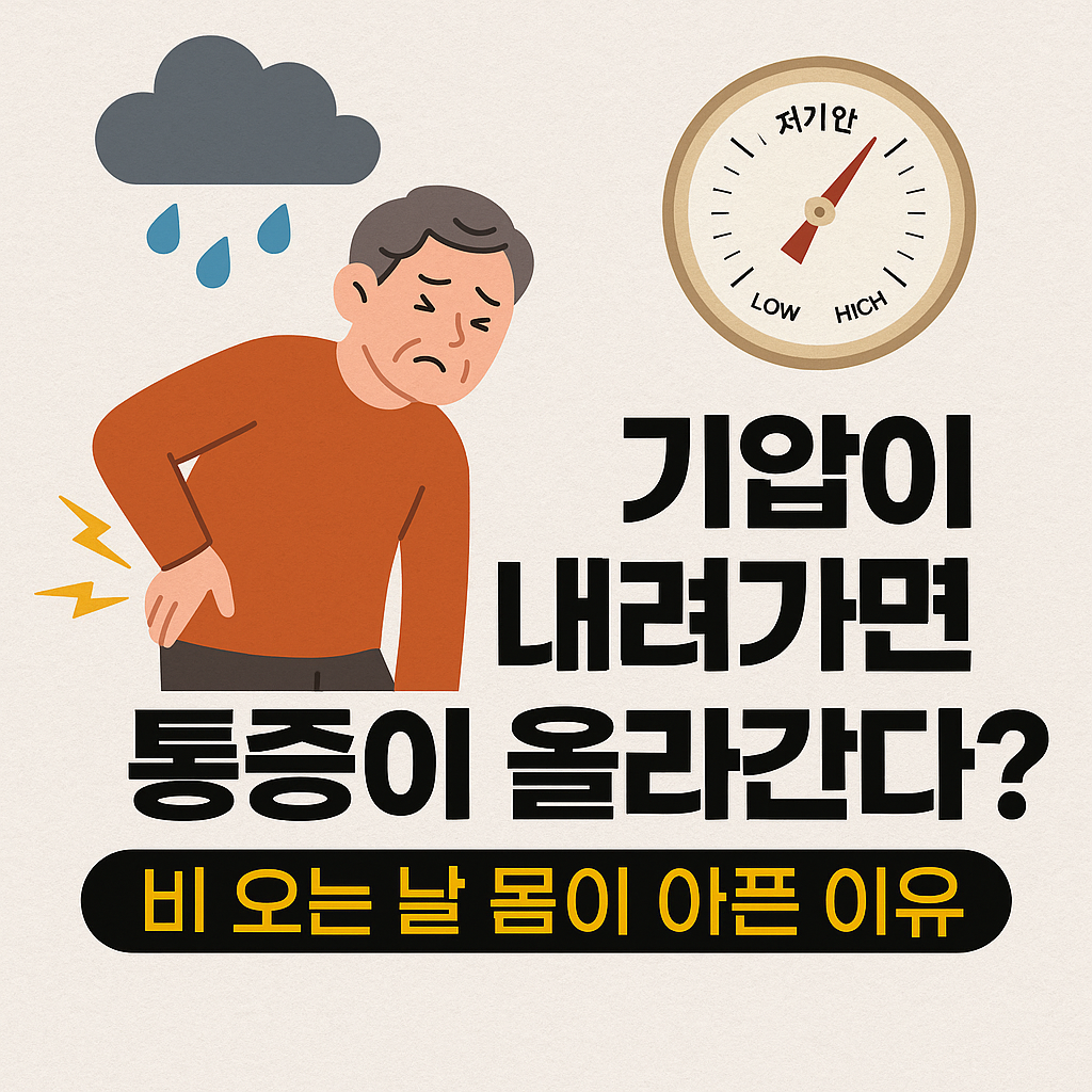 기압이 낮아지며 통증을 느끼는 남성과 저기압 표시계, 비 오는 날 통증과 기압의 연관성을 나타낸 이미지