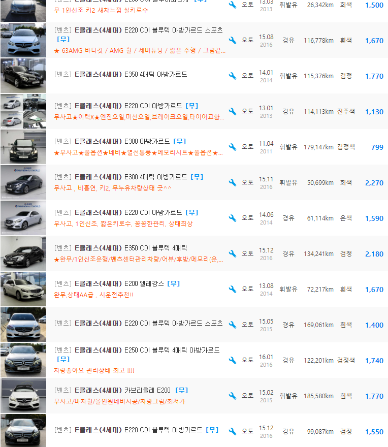 벤츠 E클래스 W212 등급 중고차 가격 : 580만원 ~ 3,930만원
