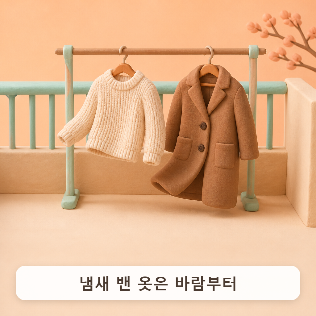 베란다 빨래 건조대에 걸어 바람을 쐬는 니트와 코트