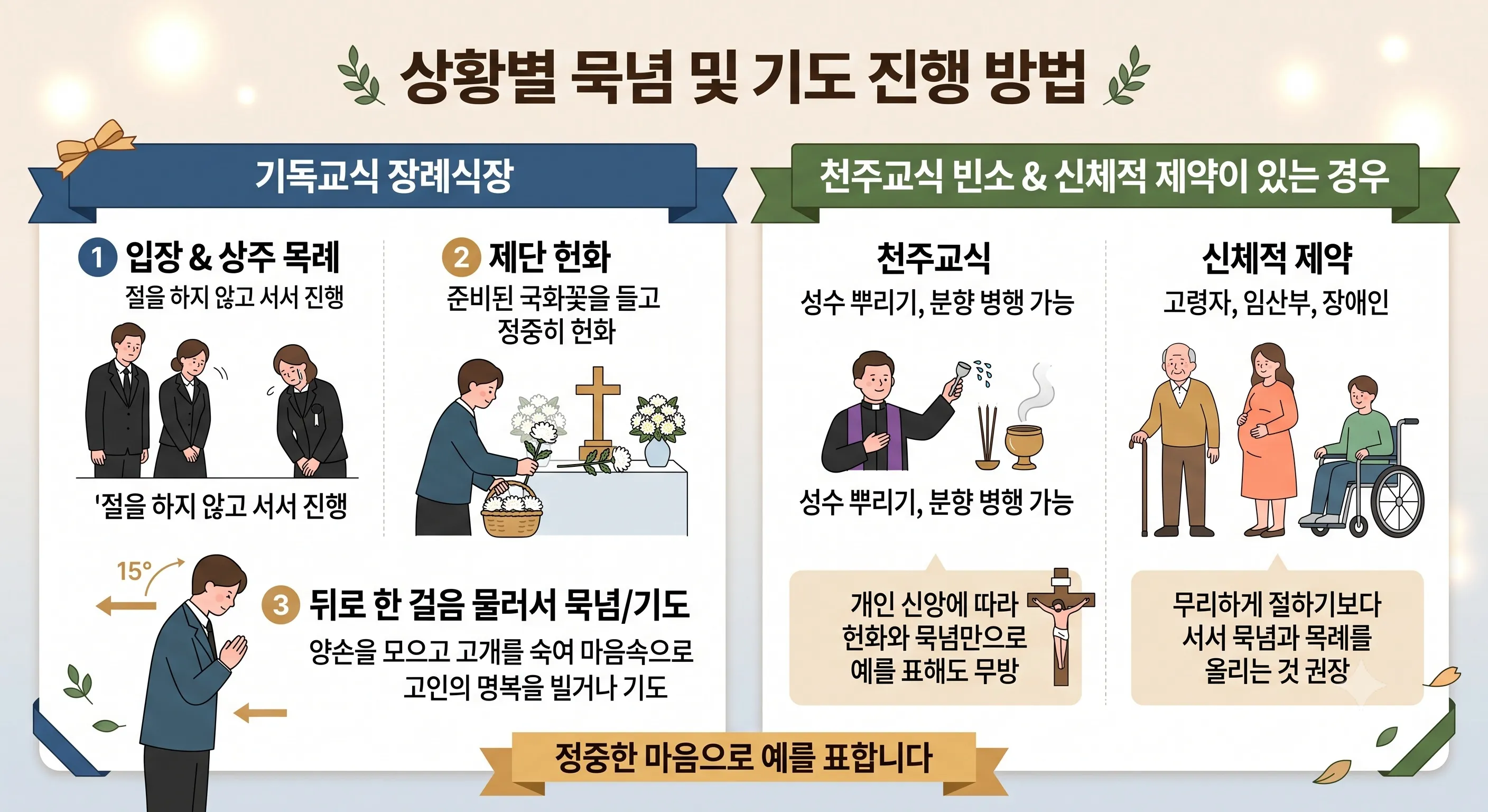 기독교식 장례, 천주교식 장례, 신체적 제약이 있는 경우 등 상황별 헌화 및 묵념 방법을 설명하는 인포그래픽