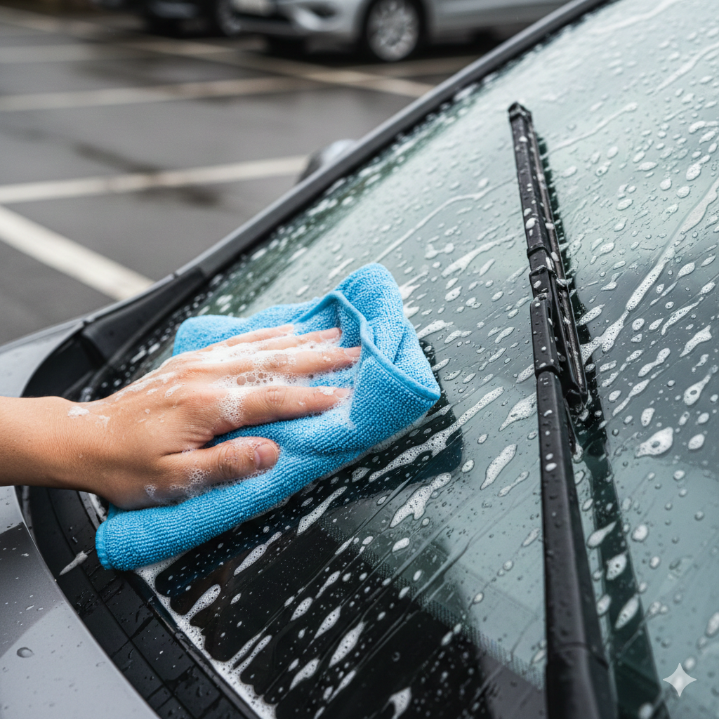 비가 내린 뒤 야외 주차장에서 운전자가 파란색 극세사 타월과 풍성한 세제 거품을 이용해 자동차 전면 유리의 유막을 닦아내는 근접 사진이에요. 유리 표면에는 빗방울과 하얀 거품이 섞여 있으며, 오른쪽에는 와이퍼 블레이드가 세워져 있어 세밀한 세척 과정을 직관적으로 보여줘요.
