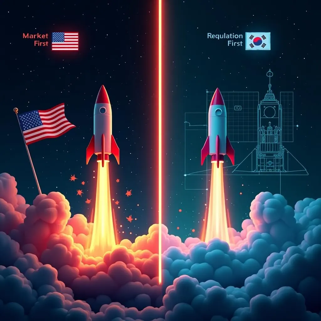 미국과 한국의 RWA 규제 방식을 비교한 좌우 분할 인포그래픽. 왼쪽은 오렌지 로켓이 먼저 발사되고 규제가 뒤따르는 시장 우선 방식, 오른쪽은 설계도부터 체계적으로 준비 후 발사하는 제도 우선 방식. 미래적 핀테크 스타일 (USA vs Korea regulation comparison, market-first vs regulation-first)