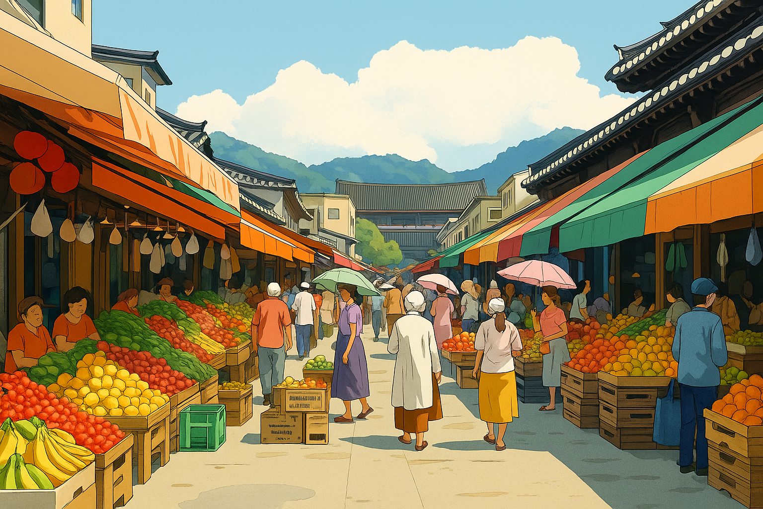 과일을 많이 파는 재래시장 풍경