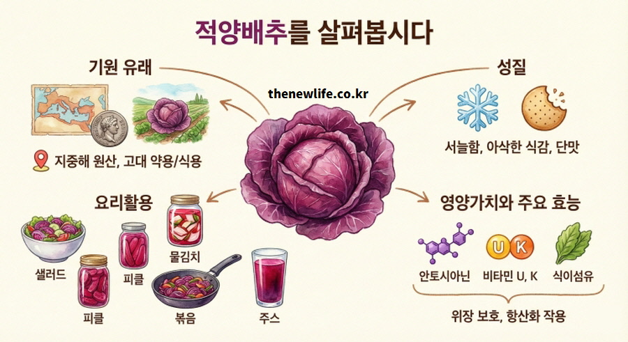 적양배추의 기원, 성질, 요리 활용법, 그리고 위장 보호와 항산화 같은 주요 효능을 한눈에 정리한 인포그래픽 일러스트