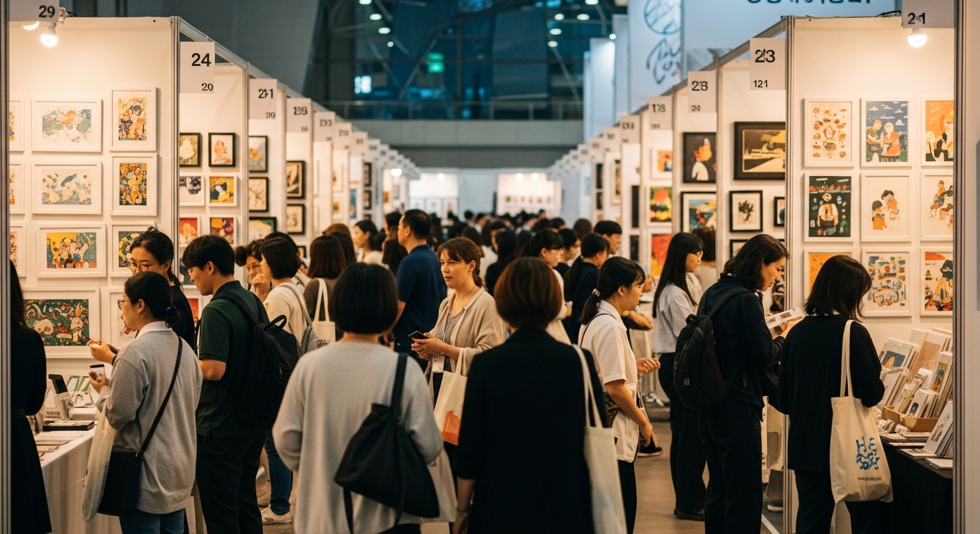 2025년 부산 벡스코에서 열린 활기찬 부산일러스트레이션페어V.6의 전경. 다양한 일러스트 작품들이 전시된 부스를 둘러보는 관람객들과 소통하는 신진 작가들의 모습이 보인다. 다채로운 색감과 창의적인 에너지가 가득한 아트 페어 현장.
