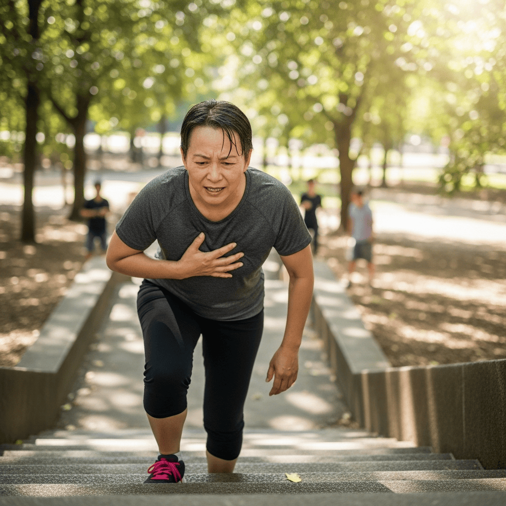 계단을 오르거나 운동 중 가슴을 움켜쥐는 사람을 표현하여 협심증의 경고 신호를 시각화