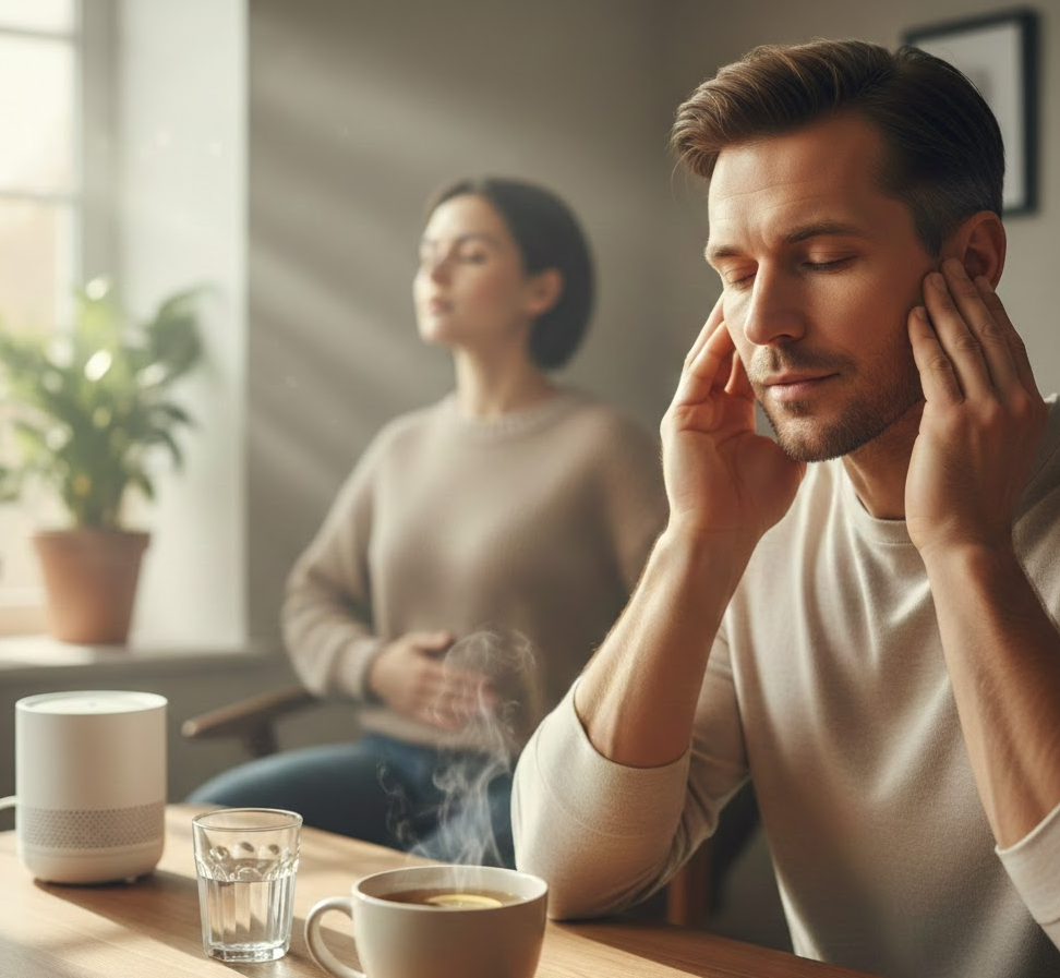 미주신경을 자극하는 귀 마사지를 하고 있는 남성