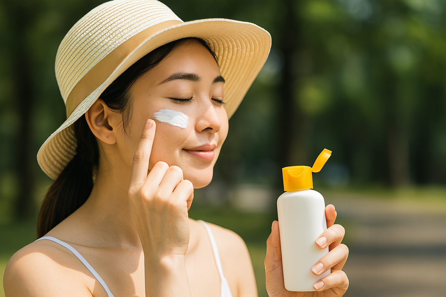 자외선차단을 위해 선크림을 바르는 여성
