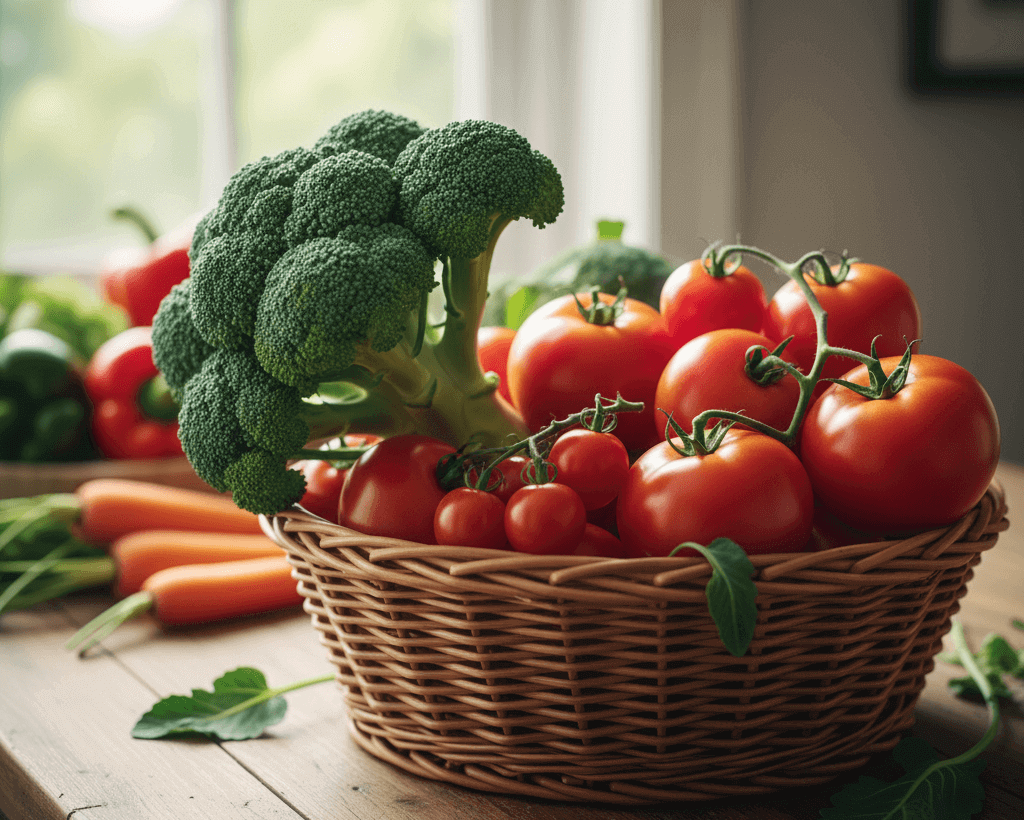 브로콜리, 토마토, 바구니, 야채들