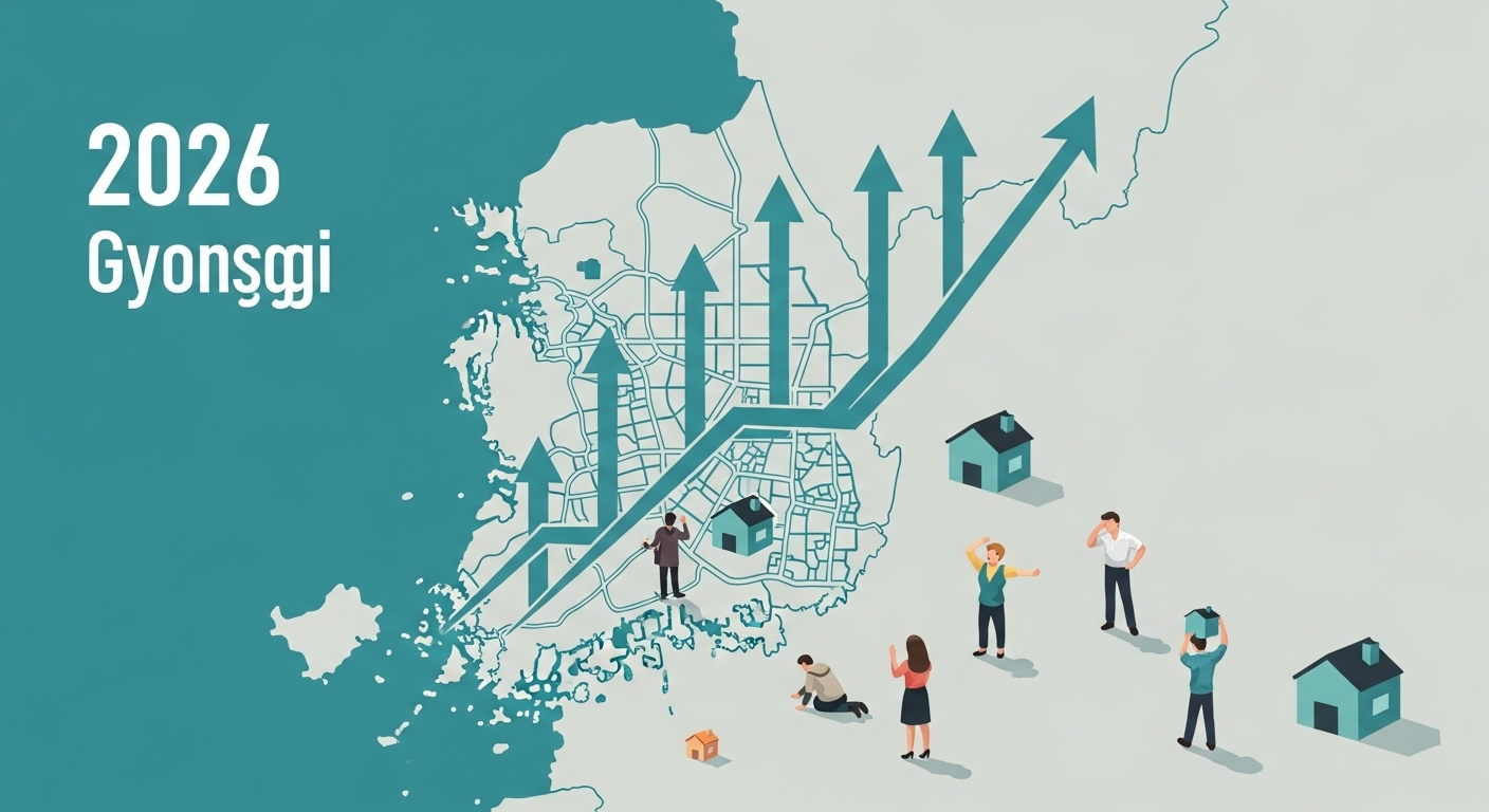 2026년 수도권 전세 시장의 불안정성을 보여주는 이미지. 서울과 경기 지역 지도 위로 치솟는 화살표와 줄어드는 주택 아이콘이 전세 가격 상승과 물량 감소를 시각적으로 표현합니다.