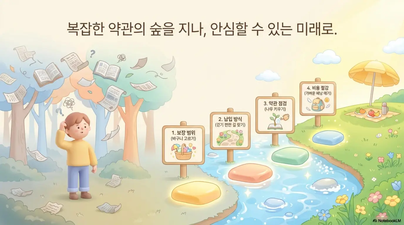 암보험 가입시 주의사항: 복잡한 약관의 숲 속에서 당황한 사람이 보장 범위&middot;납입 방식&middot;약관 점검&middot;비용 절감 4단계 이정표를 따라 안심할 수 있는 미래로 나아가는 일러스트. 암보험 가입시 주의사항의 전체 흐름을 로드맵 형태로 시각적으로 전달하며 블로그의 핵심 구성을 안내함 