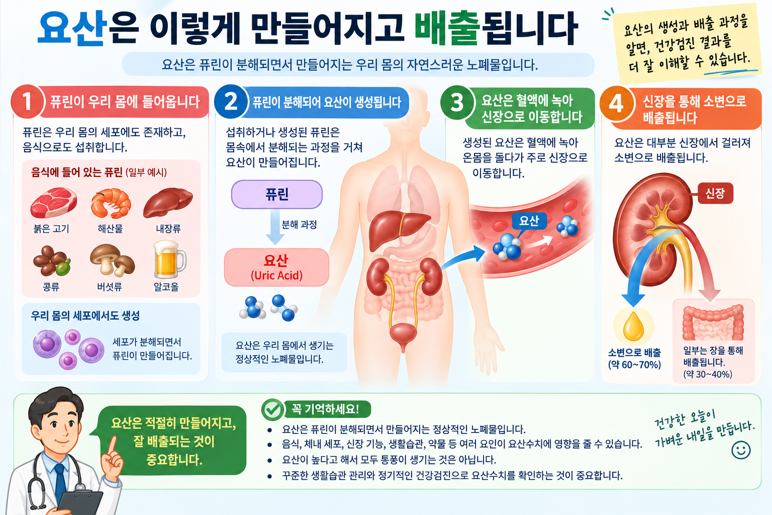 요산의 생성과 신장 배출을 설명하는 이미지