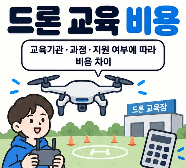 드론과 교육비 계산기 아이콘을 중심으로 드론 교육 비용 문구를 보여주는 대표 카드뉴스 이미지