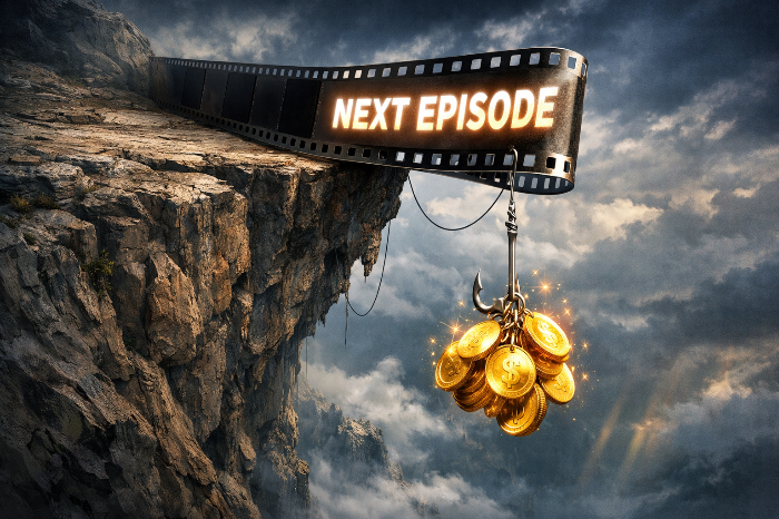 절벽 끝에 걸린 영상과 결제를 유도하는 황금 코인 낚싯바늘