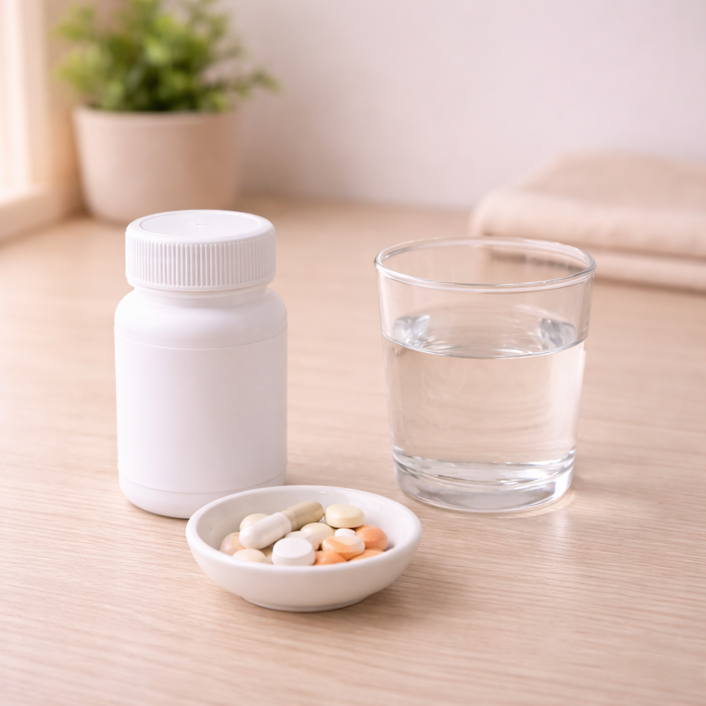 이석증에서 약물치료가 보조로 사용될 수 있음을 상징한 정물 이미지