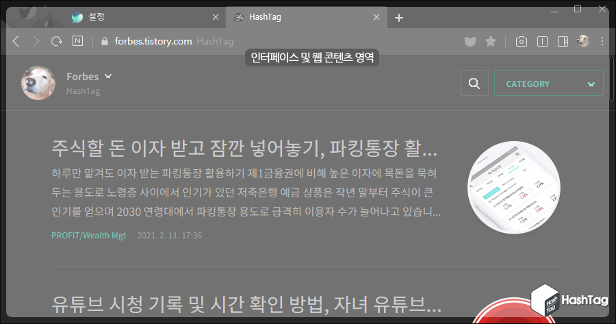 인터페이스 및 웹 콘텐츠 영역 확인