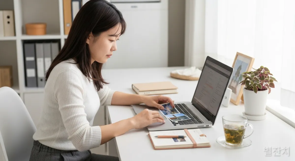 집에서 여행 사진을 정리하며 다음 경험을 계획하는 젊은 한국 여성