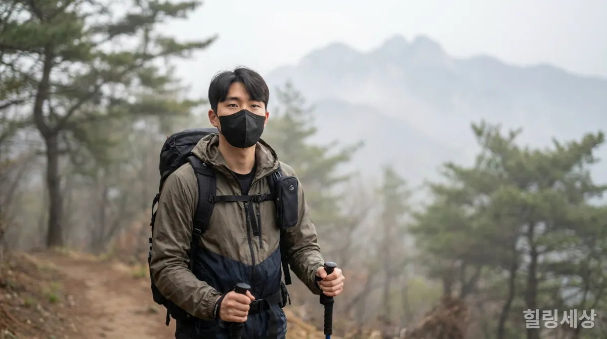 미세먼지가 있는 날 마스크를 쓰고 등산하는 남성