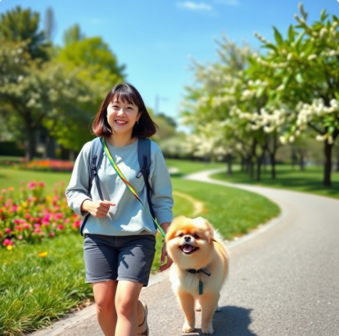 소형견과 함께 산책하는 보호자