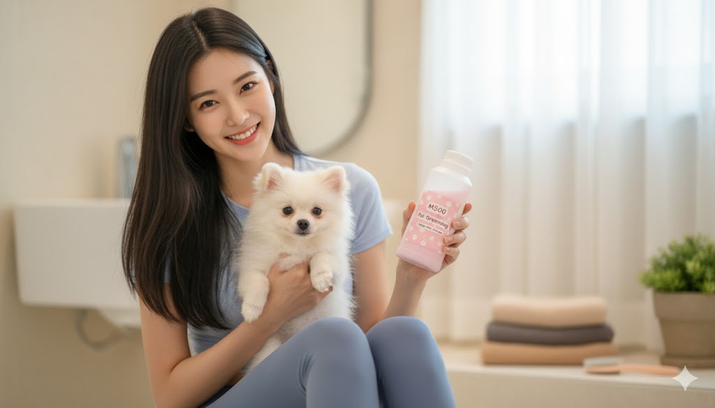 한국계 여성 모델이 사랑스러운 포메라니안을 품에 안고 M500 불투명 백색 용기를 보여주고 있습니다. 라벨은 귀여운 발바닥 무늬와 연한 핑크색 배경에 'M500 Pet Grooming' 문구가 기재되어 있으며, 용기가 반려동물 샴푸나 영양제 등 펫 케어 제품에 안전하고 편리함을 강조합니다.