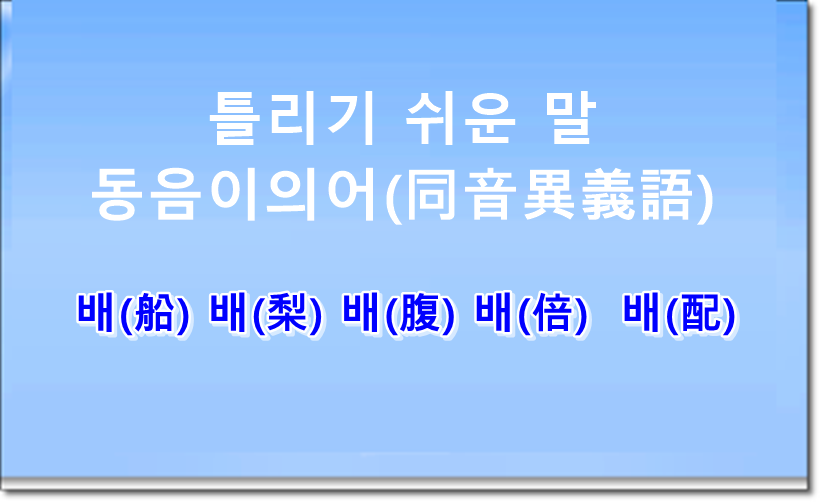 틀리기 쉬운 배,동음이의어(同音異義語) 배(船) 배(梨) 배(腹) 배(倍) 배(配)