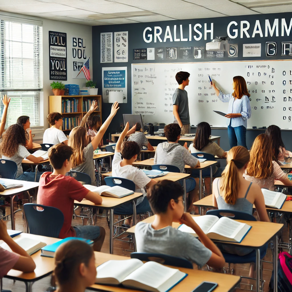DALL·E 2024-08-14 21.46.33 - A lively middle school classroom in the United States where students are actively engaged in learning English grammar. The classroom is modern with a