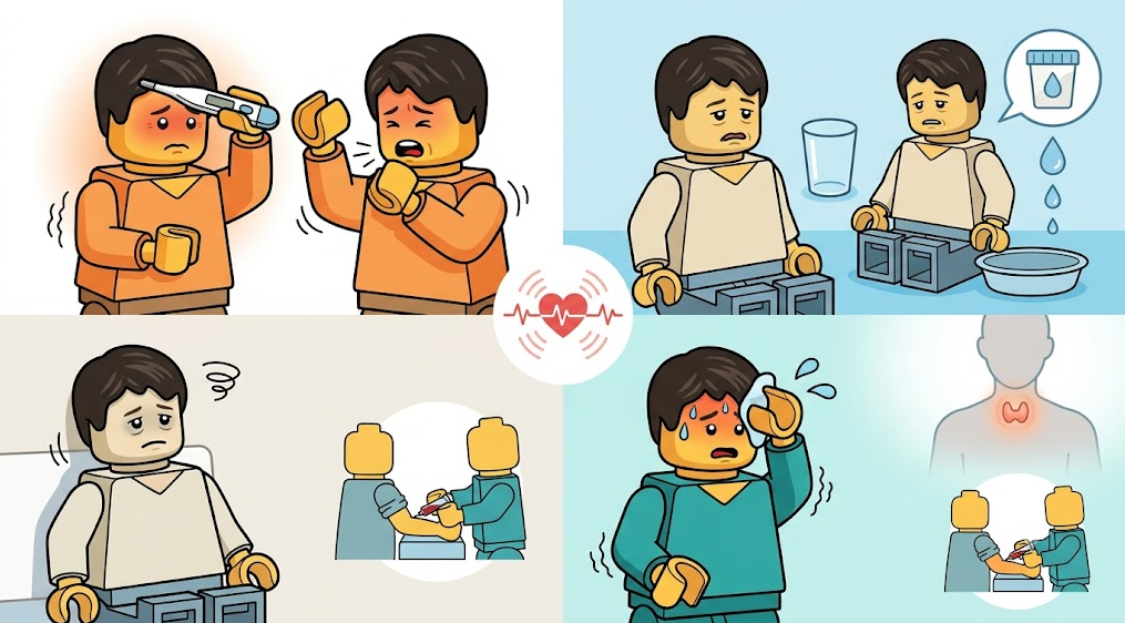안정 시 빠른 맥박의 주요 원인인 발열 감염, 탈수 체액 감소, 빈혈, 갑상선 기능 변화 상황을 나타낸 2x2 레고 일러스트