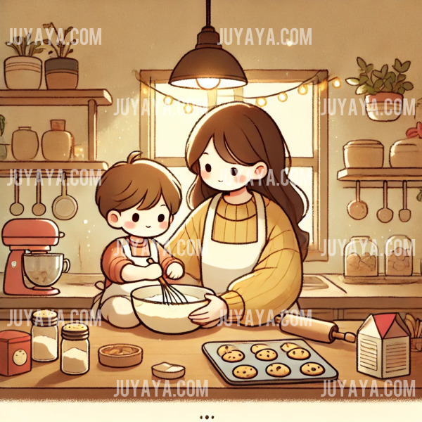 아늑한 부엌에서 부모와 아이가 함께 쿠키를 굽는 모습의 웹툰 스타일 일러스트. 재료를 섞으며 즐거운 시간을 보내는 장면을 표현.