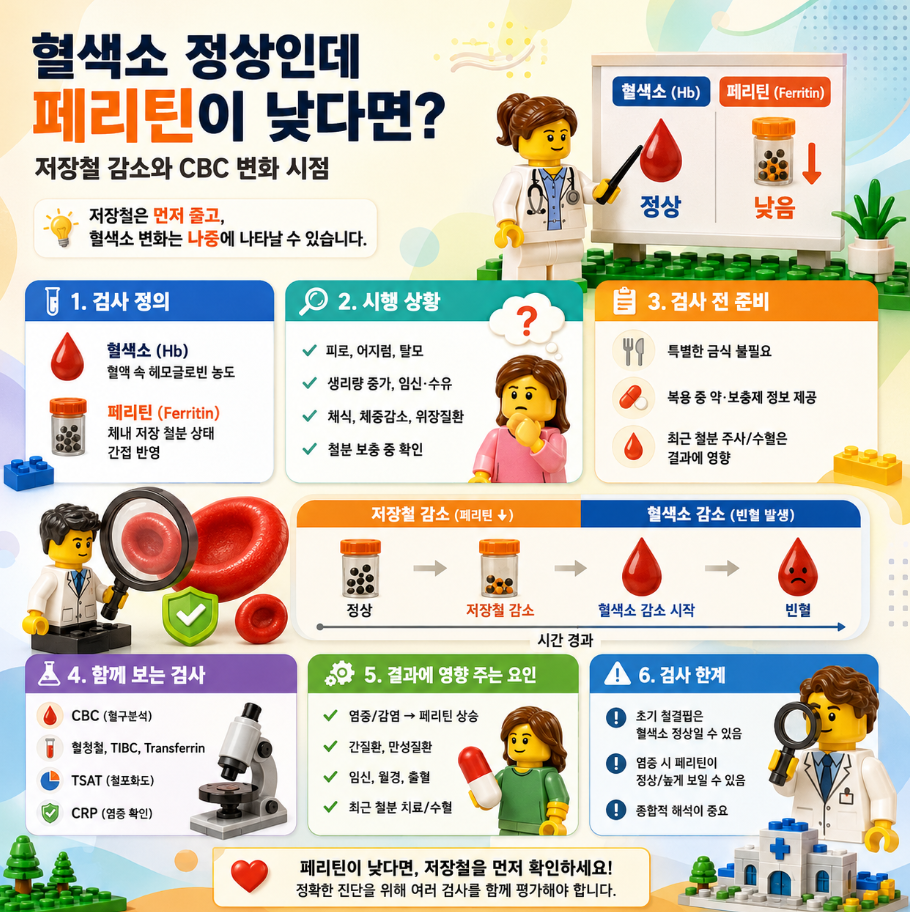 혈색소는 정상인데 페리틴 수치가 낮은 상황에서 저장철 감소와 CBC 변화 시점을 설명하는 레고 스타일 메디컬 인포그래픽