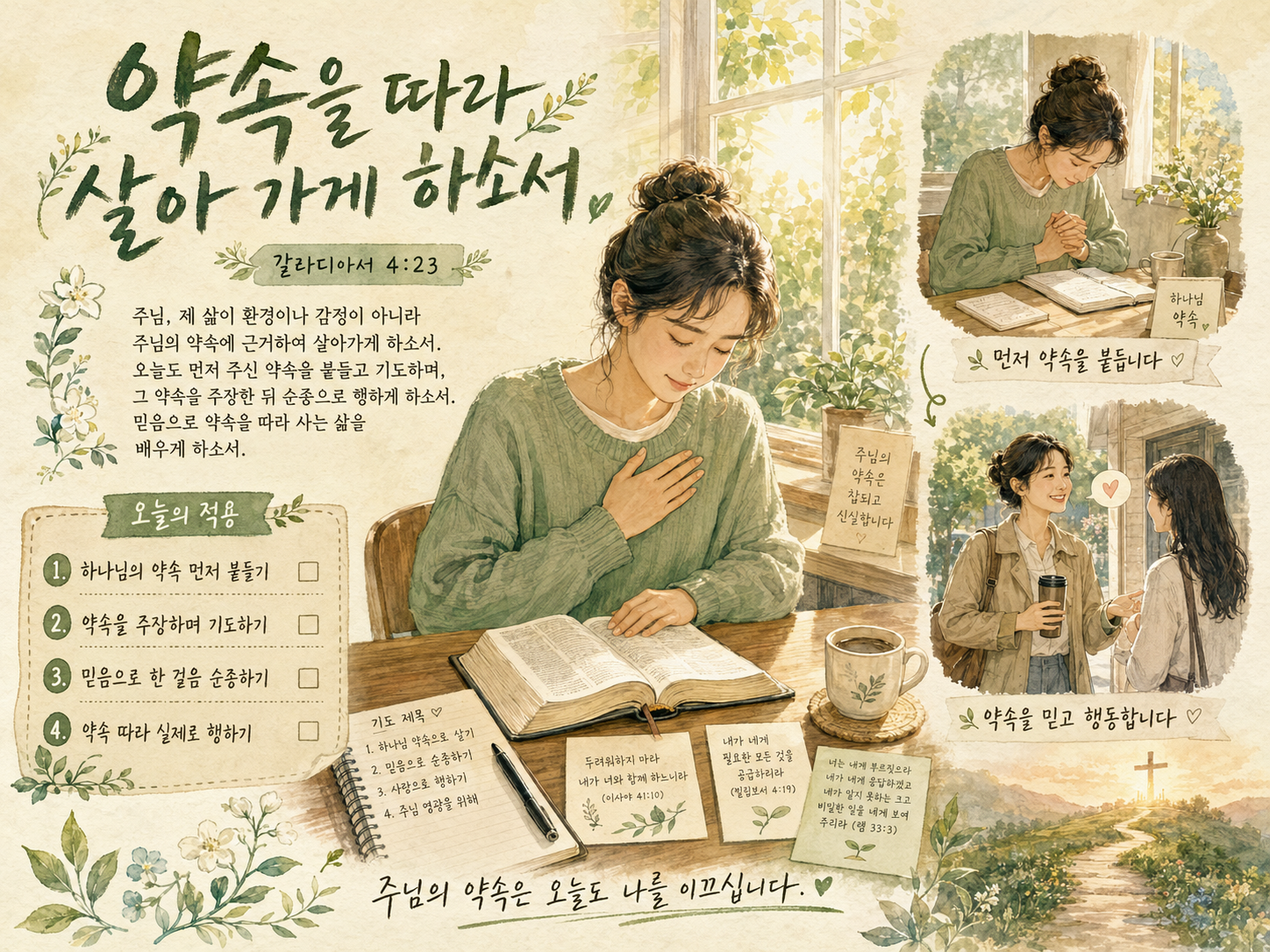 갈 4:23 말씀에서 하나님의 약속에 근거하여 살아가는 삶이 되어야 할 것이 적용되었고&amp;#44; 약속을 따라 살기 위해 하나님께서 주신 약속을 먼저 주장하며 행하는 시도하는 모습입니다.