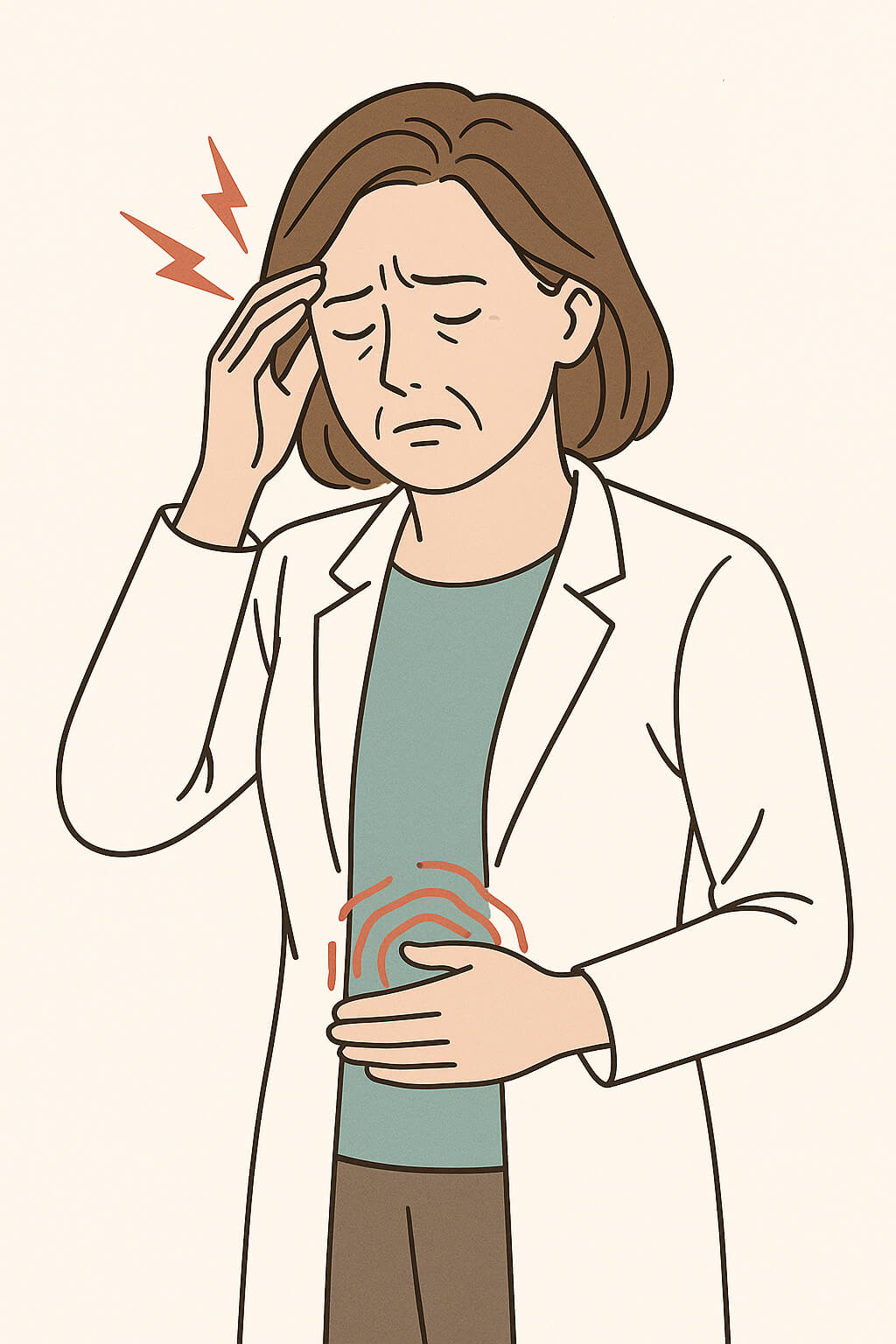 스트레스로 두통과 소화불량을 겪는 중년 여성(출처:자체제작)