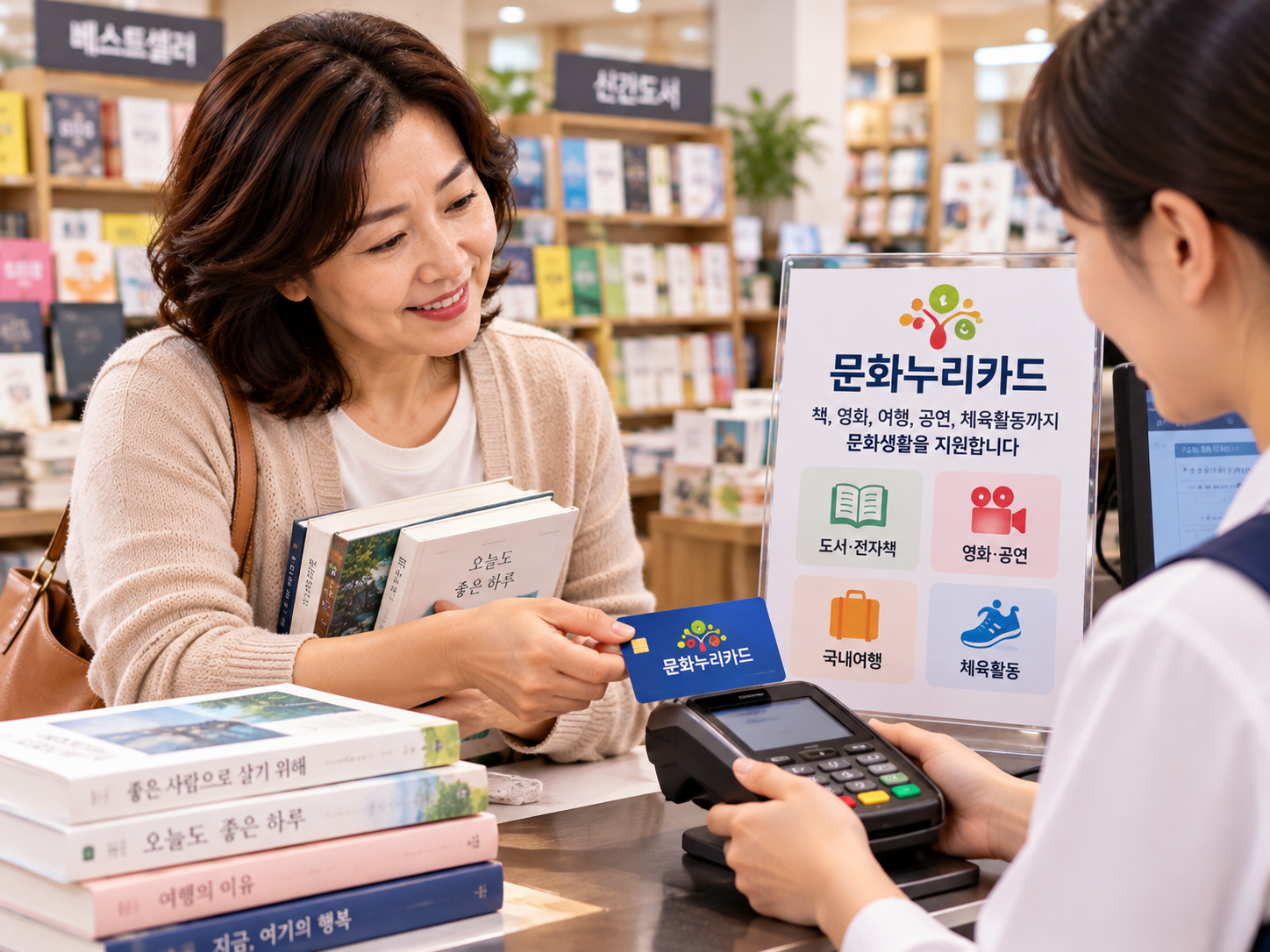 서점에서 문화누리카드로 책을 구입하는 중년 여성의 이미지