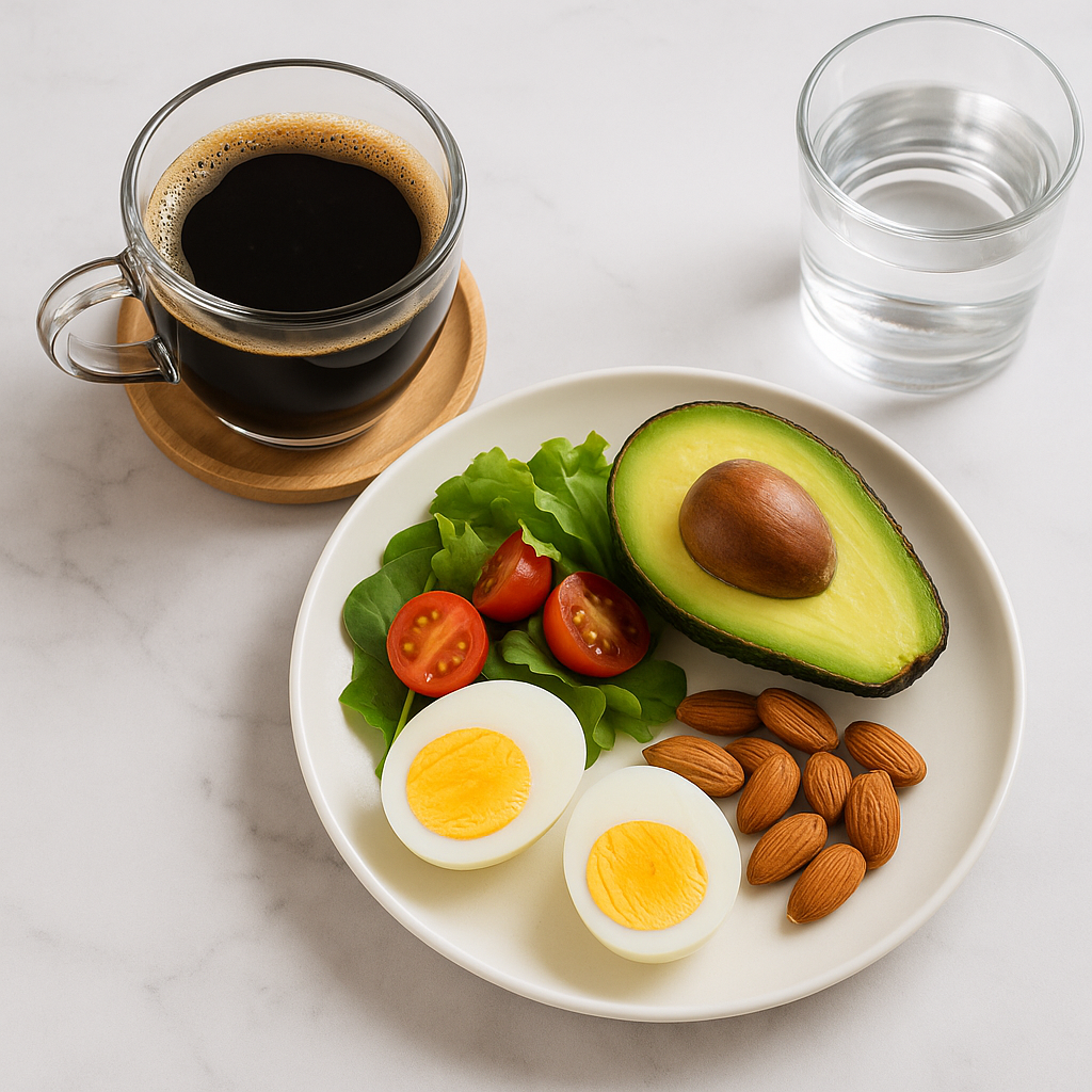 블랙커피 한 잔과 함께 삶은 달걀, 아보카도, 아몬드, 샐러드 등이 놓여 있는 모습