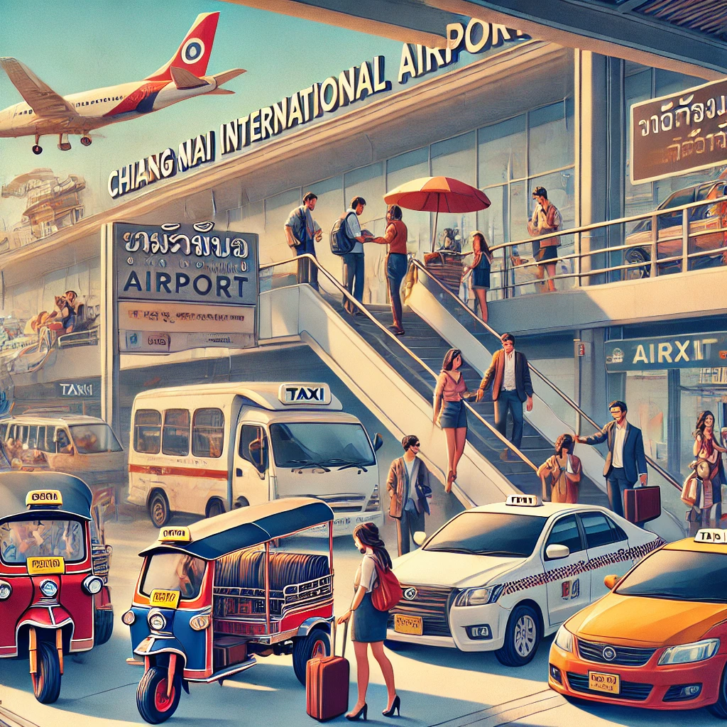 치앙마이 공항에서 다양한 교통수단을 이용해 시내로 이동하는 모습