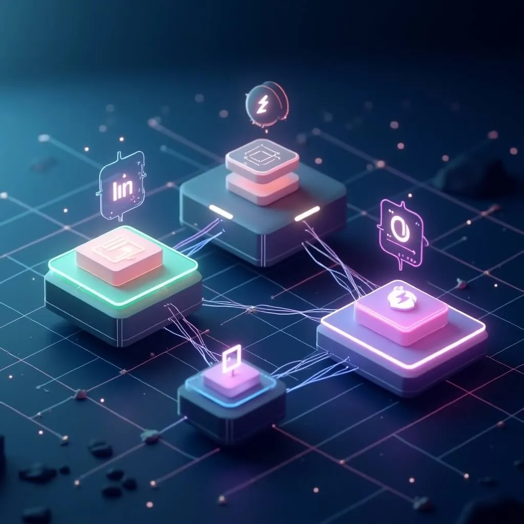 바이브코딩-대화로 앱 만들기: 바이브 코딩 도구 생태계를 표현한 3D 일러스트. 여러 개의 떠있는 플랫폼이 빛나는 연결선으로 네트워크를 이루며 Cursor, Bolt, v0 등 다양한 AI 코딩 도구의 상호 연결성을 상징 (AI coding tools ecosystem, connected platforms, tool integration network)