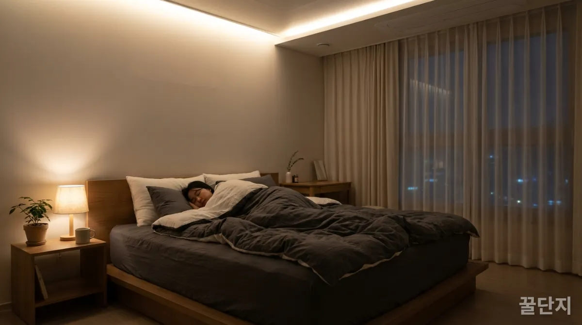 어둡고 쾌적한 침실에서 숙면을 취하는 모습