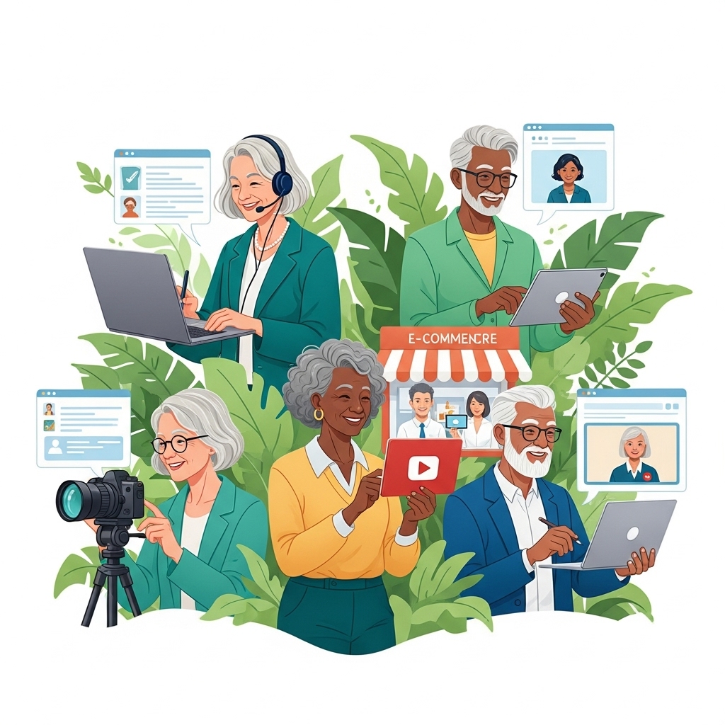 50대 이상 시니어들이 노트북, 태블릿, 카메라를 활용하여 온라인 강의, 스마트 스토어 운영, 콘텐츠 제작 등 다양한 스마트 직업에 활기차게 참여하는 모습. 새로운 시작과 성장을 상징하는 자연 친화적인 초록색 배경이 돋보입니다.