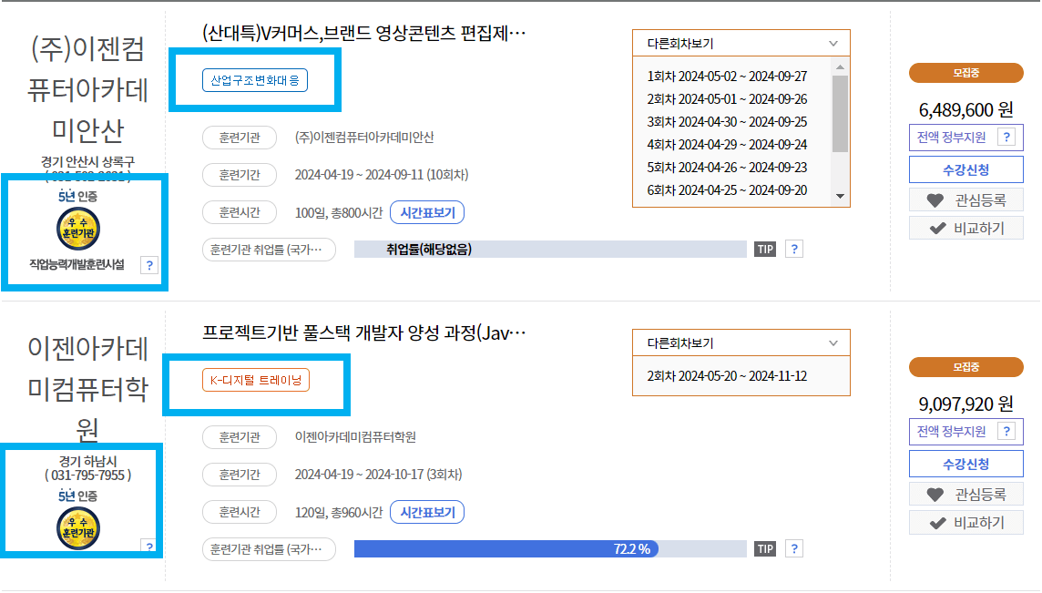 산업구조변화대응과 k-디지털 트레이닝의 경우 전액정부지원