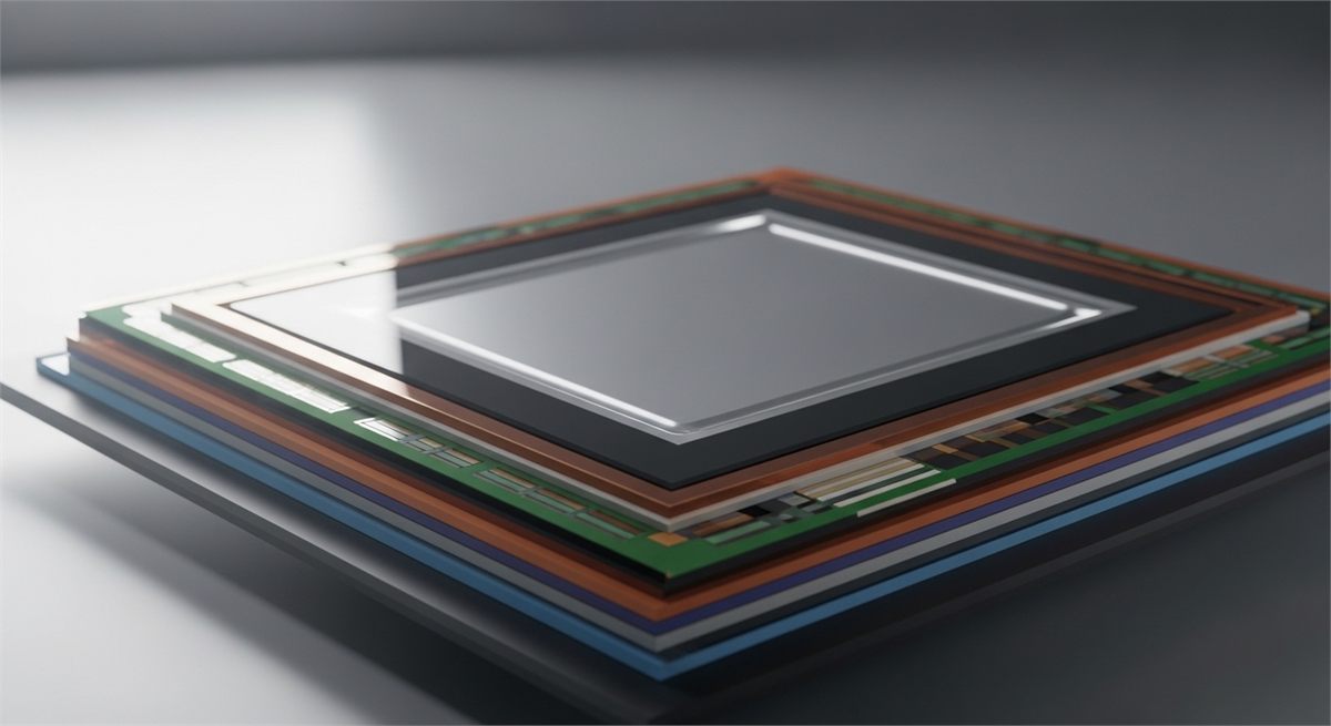 유리 코어 기반 기판의 단면과 표면 질감을 보여주는 장면 