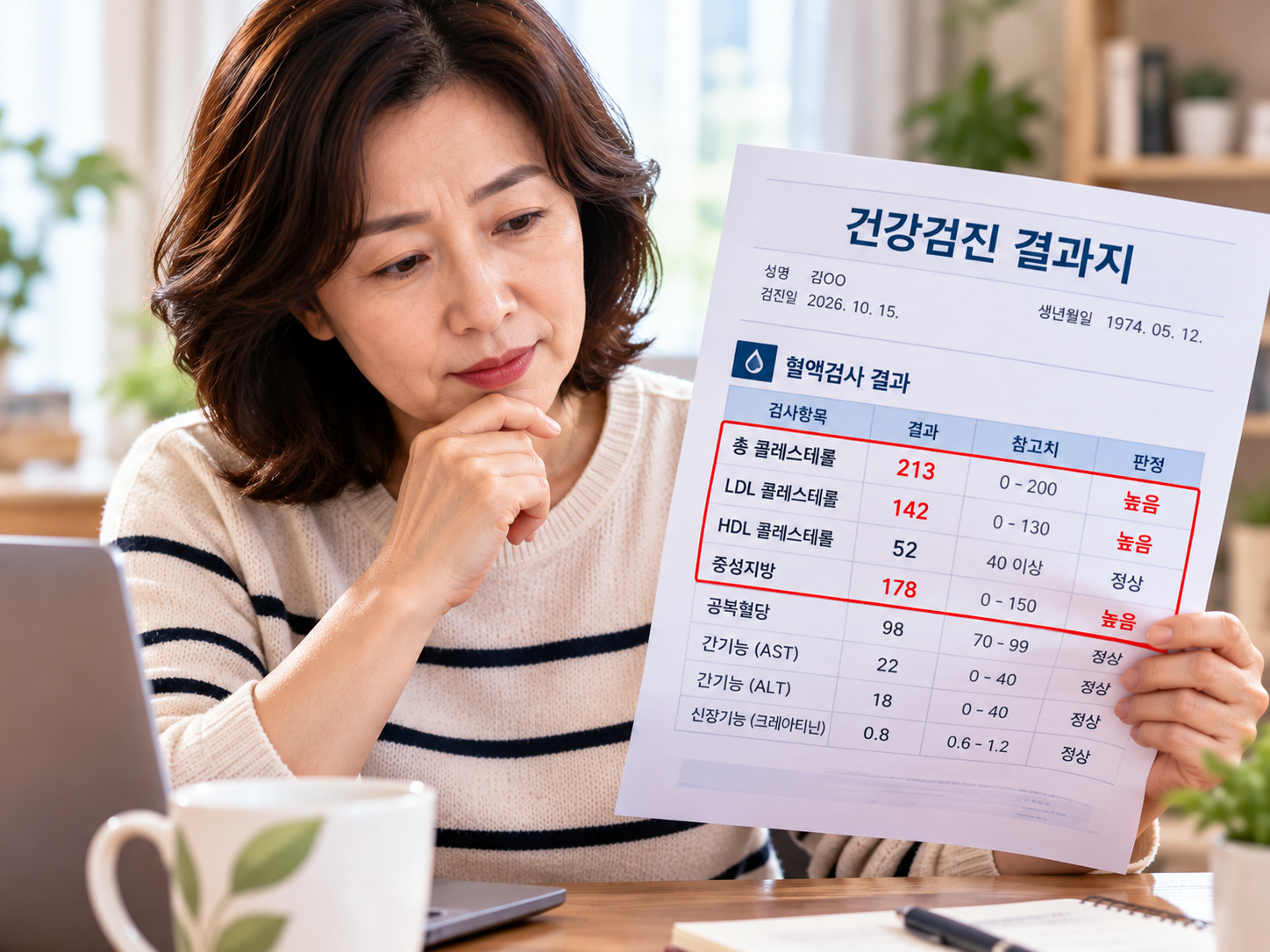 건강검진 결과지의 콜레스테롤 수치를 확인하는 중년 여성