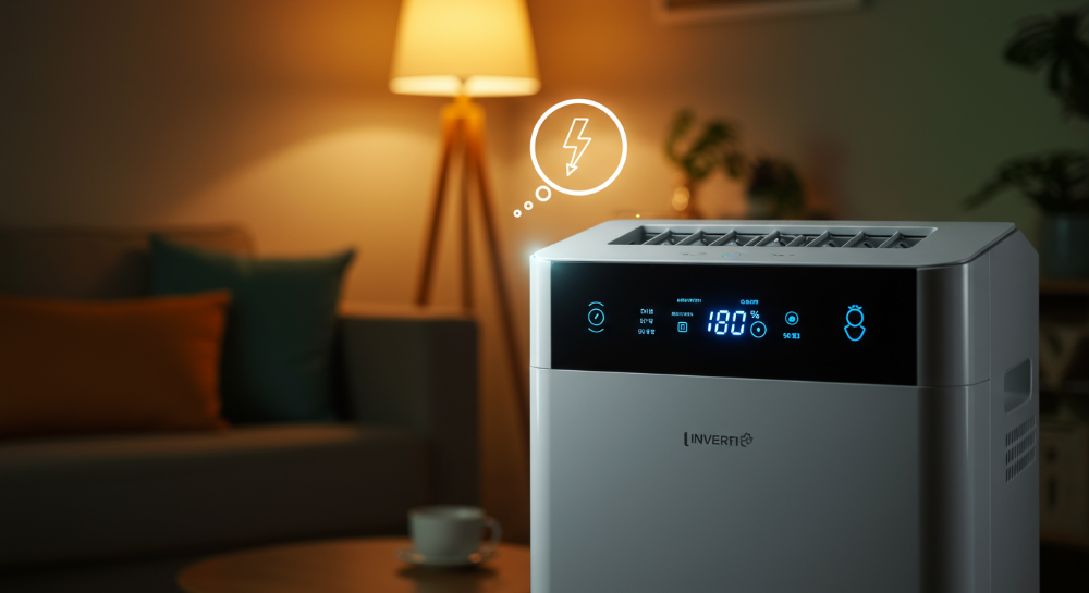 쾌적한 거실에서 조용히 작동하며 전기세를 절약하는 인버터 제습기. 디지털 디스플레이에 낮은 습도가 표시되고, 전기 절약을 상징하는 번개 모양 아이콘이 나타나 있다.