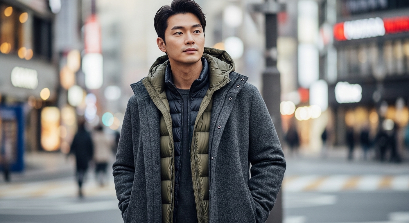 코트 안에 이너 패딩(경량 패딩)을 레이어드하여 착용한 남성