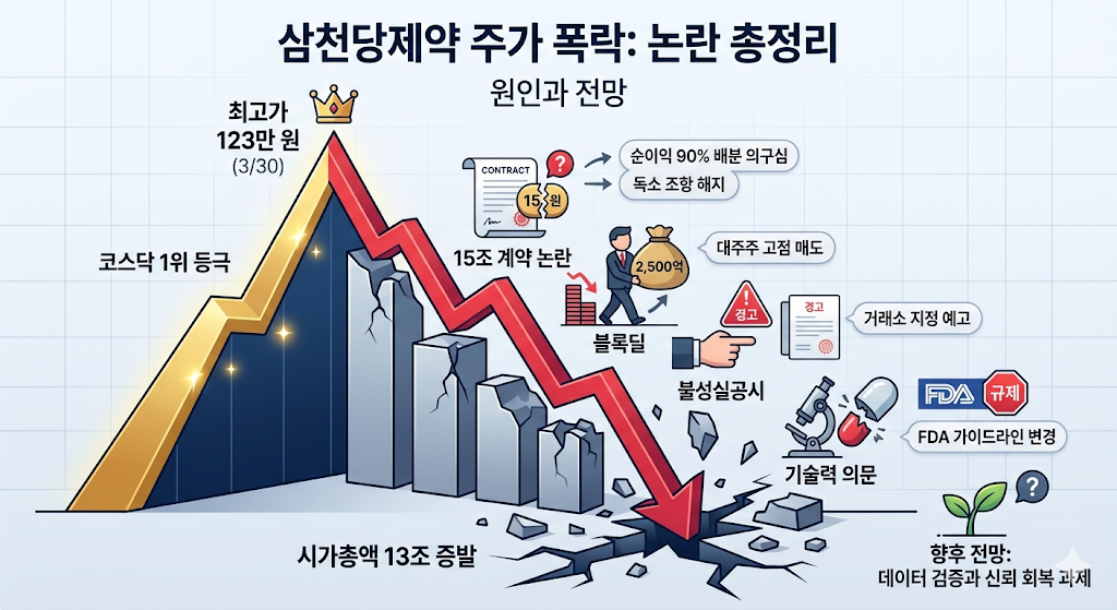 삼천당제약 주가 폭락 이유와 전망: 15조 비만치료제 계약 논란, 블록딜, 불성실공시 총정리
