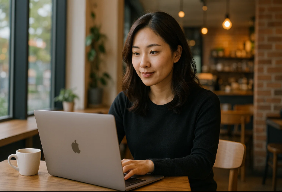 카페에서 일하는 30대 프리랜서 사진